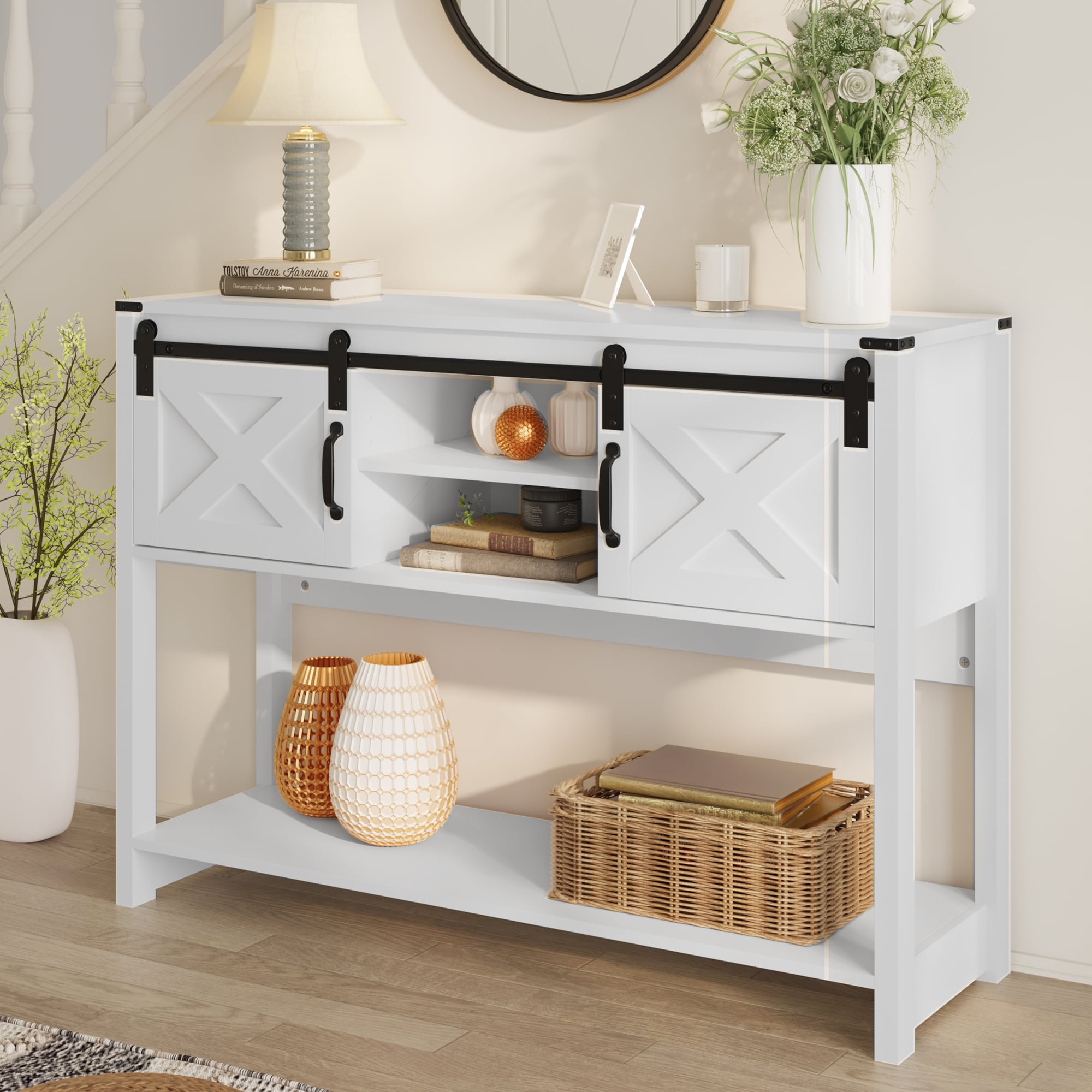 Heynemo Farmhouse Entryway Table With Drawers, 46" Console Table With Sliding Barn Door, Wood Rustic Sofa Table With Adjustable Shelf For Living Room, Foyer, Hallway，White_voghion.com